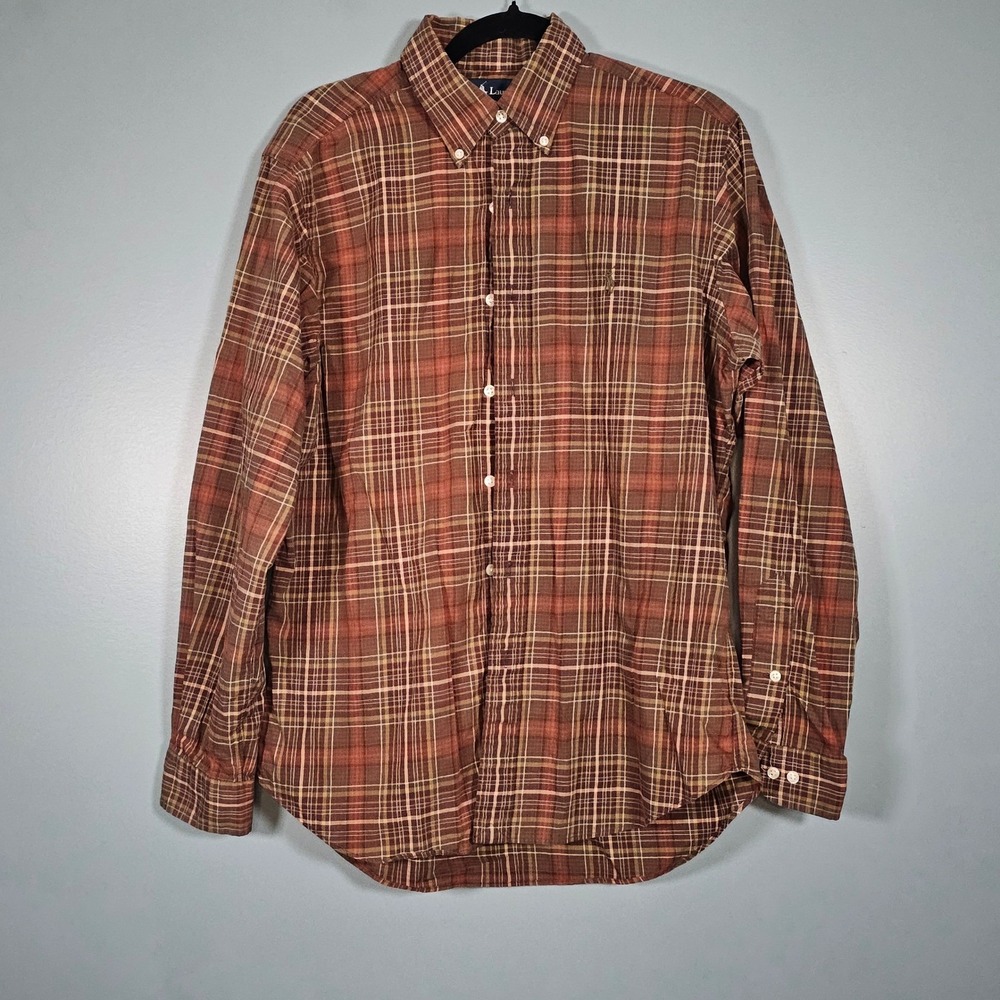 Ralph Lauren Classic Fit Plaid Button Down Shirt Men Size 15 1/2 M Brown Green